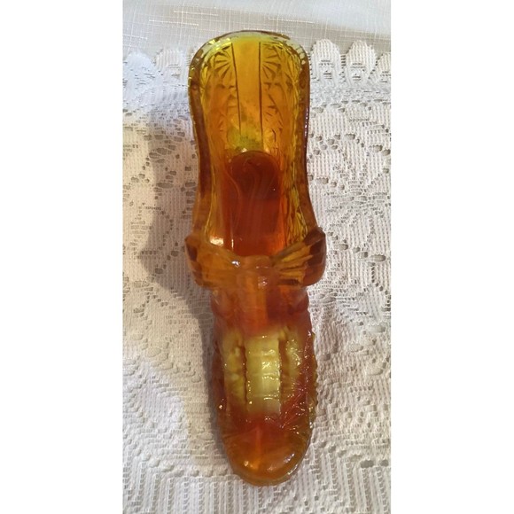 Boyd Daisy & Button Pattern Orange Slag Glass Slipper Shoe Glass Figure Glows - Picture 3 of 11